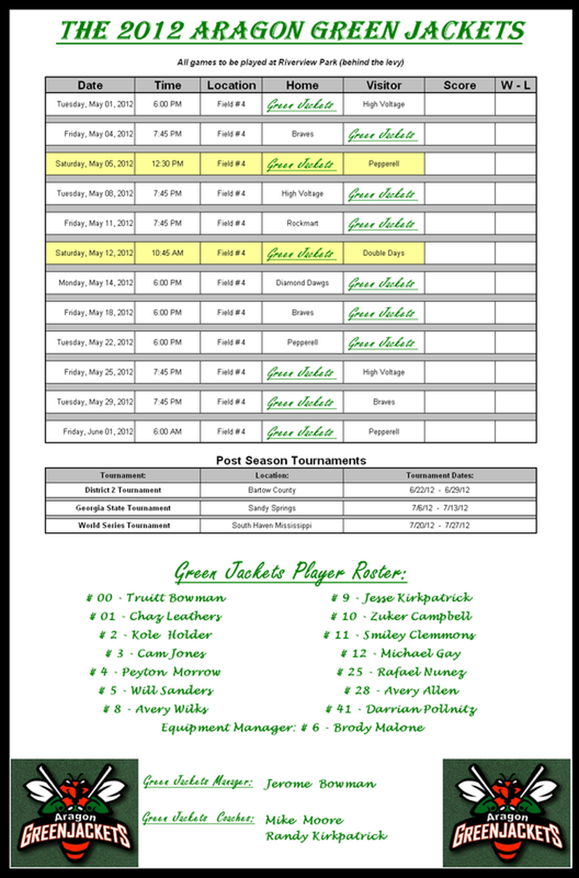 Green Jackets Schedule - Aragon Green Jackets